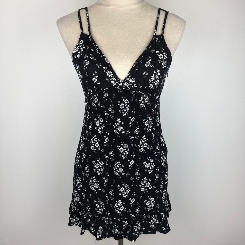 Elodie Black Floral Boho Crinkle Rayon Mini Dress Double Strap Ruffle Hem Womens